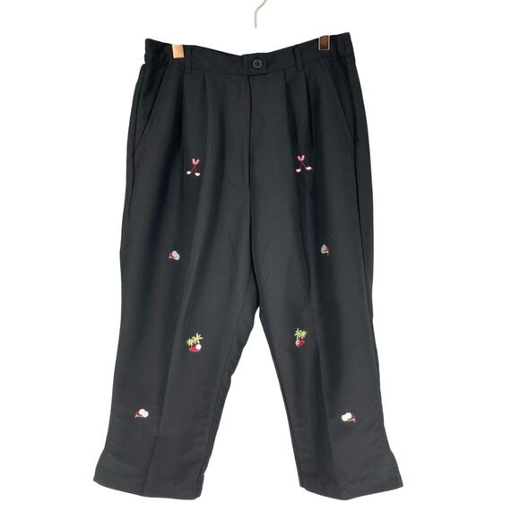Vintage KT Golf Capri Pants Womens 8 Black Golf Palm Tree Embroidery Pleated - Picture 1 of 6
